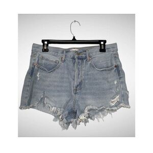 Simple Society Light Wash Blue Fringe Distressed Ripped Button Fly Jean Shorts 7